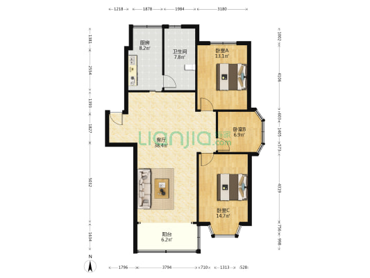 新建花苑 3室1厅1卫 104平方