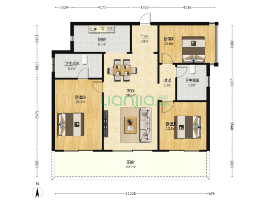柳园路一号 3室1厅2卫 128平方