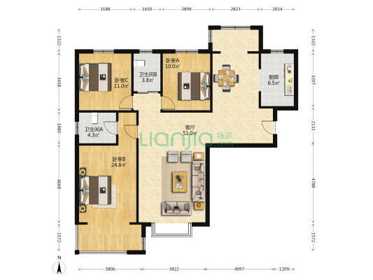 朝阳国际广场 3室1厅2卫 139平方