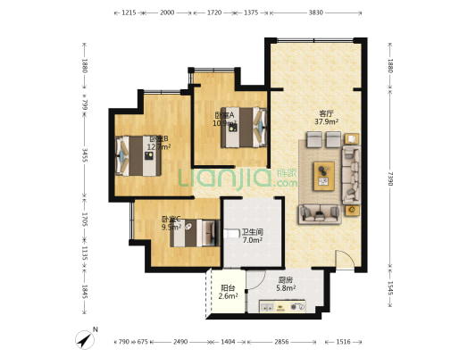 首府花雨树 3室1厅1卫 103平方