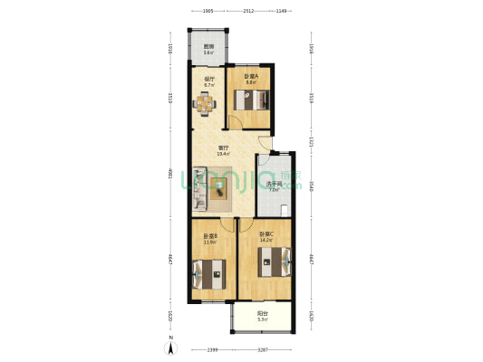 丛台路13号院 3室2厅1卫 93平方