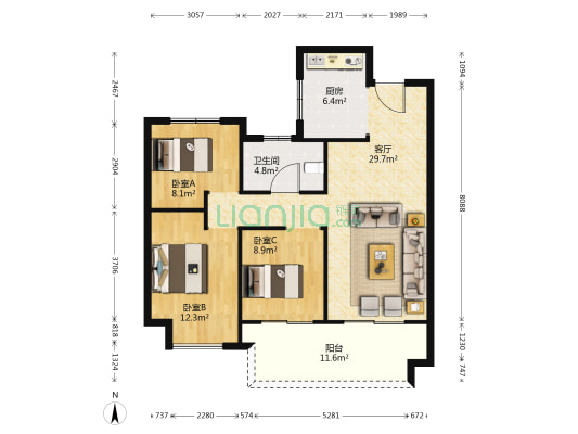 保利颍州堂悦A区 3室1厅1卫 102平方