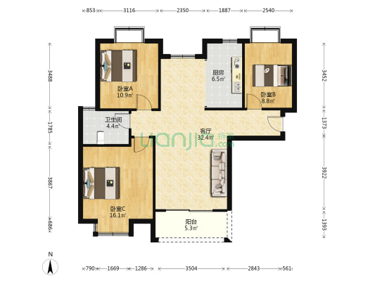 石湖东岸澜庭（一区） 3室1厅1卫 121平方