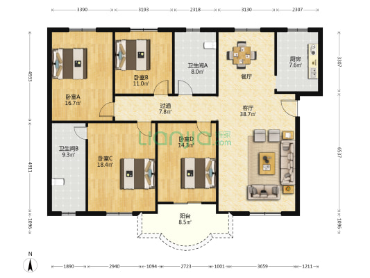 普生制药 4室1厅2卫 164平方
