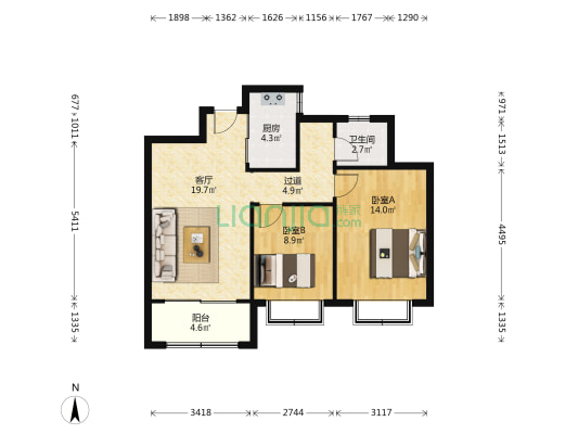 鼓山社区 2室1厅1卫 75平方