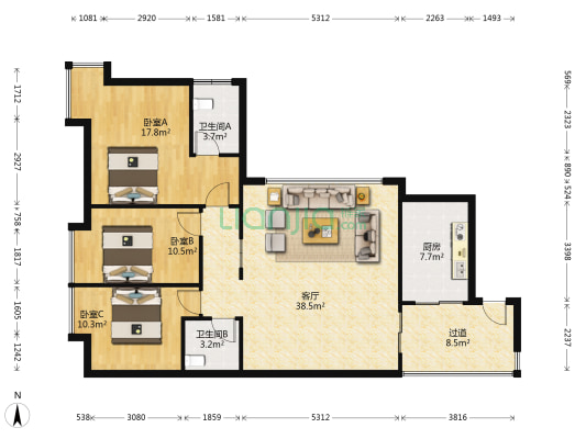 蓝波湾新天卫城卫央街区 3室1厅2卫 127平方