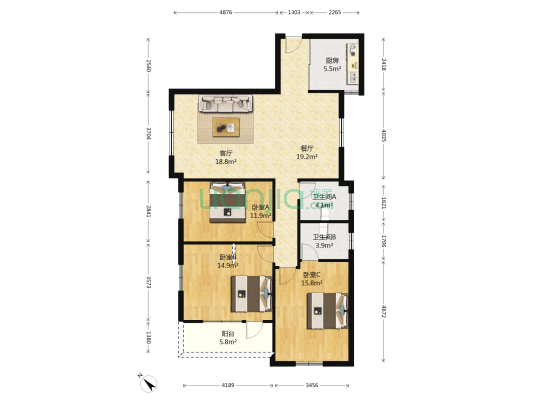 旅游大厦 3室2厅2卫 110平方