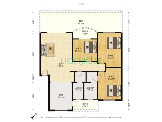 向阳花园A区 3室1厅2卫 134平方