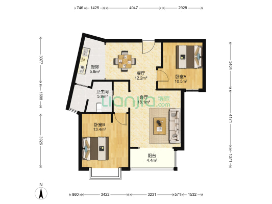 万里双子座 2室2厅1卫 97平方