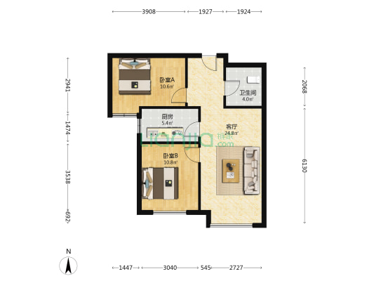 精装修 带家具家电 高楼层 满二 前面无楼 南向随时看-户型图