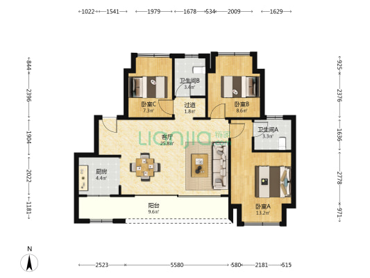 首创禧悦光华 3室1厅2卫 93平方