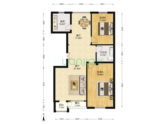 欣艺景园 2室2厅1卫 105平方