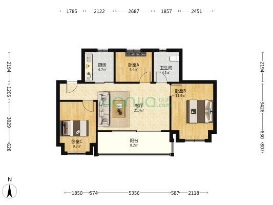 融侨誉江府 3室1厅1卫 88平方