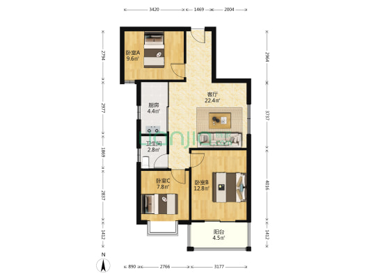 天保郦景 3室2厅 南-户型图