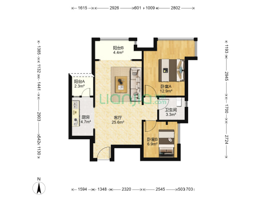 恒大绿岛新城E区 2室1厅1卫 74平方