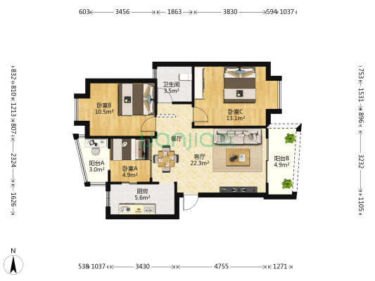 玫瑰园住宅楼 3室1厅1卫 85平方