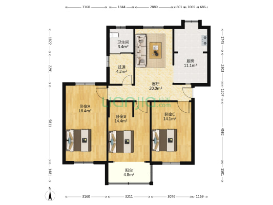 卫生厅宿舍 3室1厅1卫 108平方