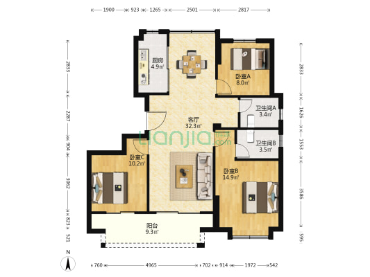 桃李江南 3室1厅2卫 109平方