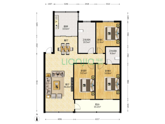 锦都花园 3室1厅2卫 136平方