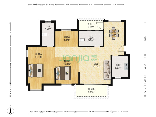 东方丽都 2室1厅2卫 121平方