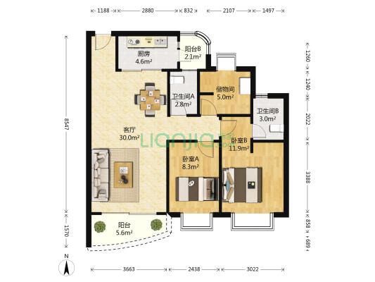 东方欣悦居 2室1厅2卫 89平方