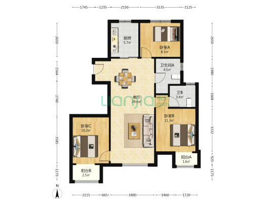 鸿坤理想城 3室1厅2卫 125平方