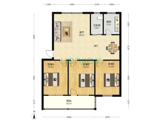 福田家园 3室1厅1卫 118平方