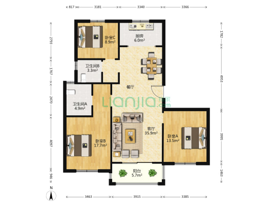 嘉禾苑 3室1厅2卫 134平方