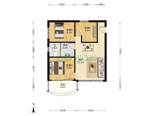 中城苑 3室1厅1卫 67平方