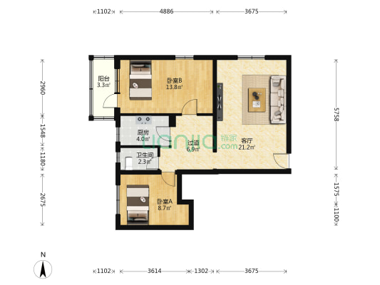 月坛北街甲1号院 2室1厅1卫 79平方