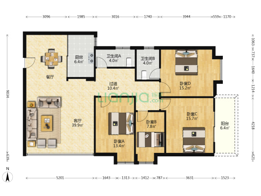 坛石商住楼 4室1厅2卫 169平方