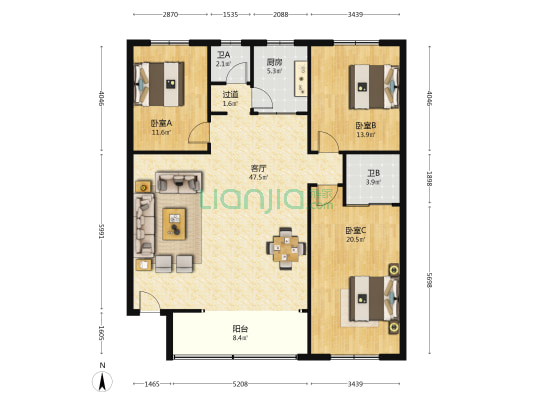鸿富大厦 3室1厅2卫 141平方