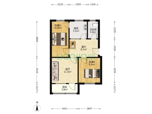 红旗小区北区 2室2厅1卫 65平方