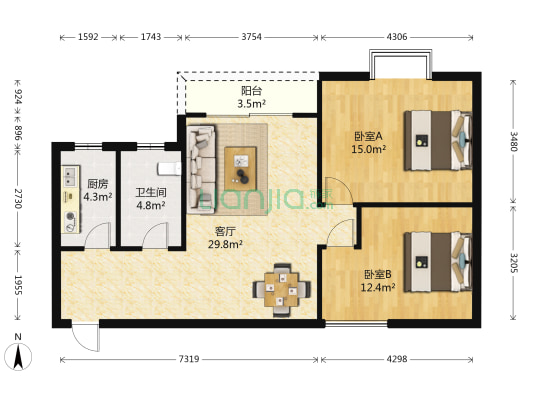 悦海公馆 2室1厅1卫 76平方