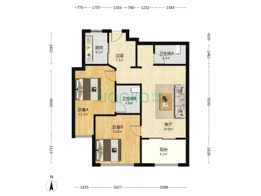 瑞安市塘下镇凤仕锦苑 2室1厅2卫 95平方