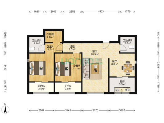 恒大华府 2室2厅2卫 122平方