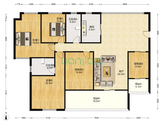 四季豪园 3室1厅2卫 171平方