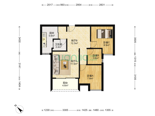 江上城 3室2厅1卫 75平方