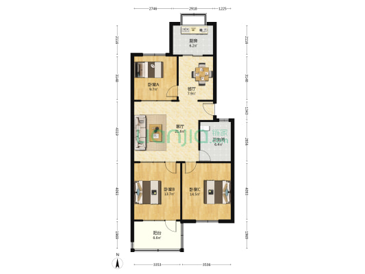 千佛山东路18号 3室2厅1卫 105平方