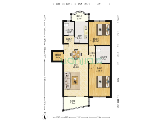 平塘人家 2室1厅2卫 95平方