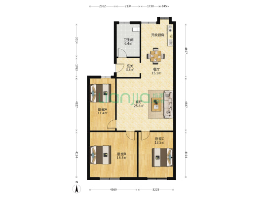 静苑巷 3室2厅1卫 116平方