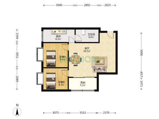 双喜大厦 2室1厅1卫 82平方