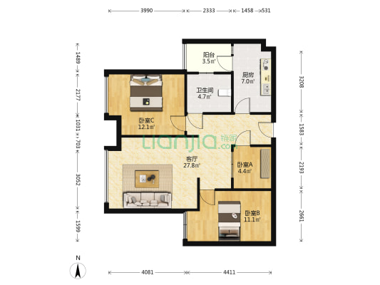 北辰观山水 3室1厅1卫 94平方