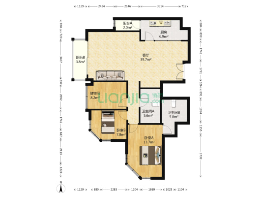 中山九号 2室1厅2卫 139平方