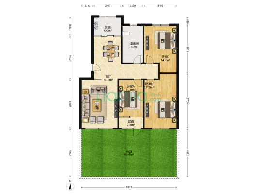 西领雅苑 3室1厅1卫 127平方