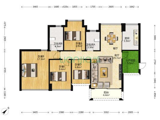 诚讳丽苑 4室1厅2卫 117平方