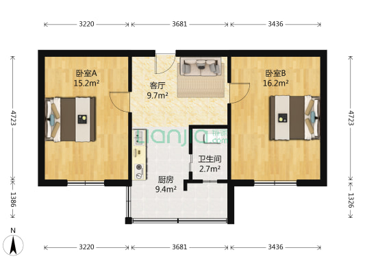 虎踞北路53号 2室1厅1卫 59平方