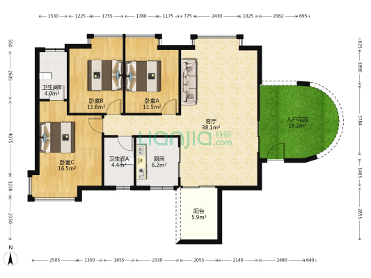 龙湖苑 3室1厅2卫 131平方