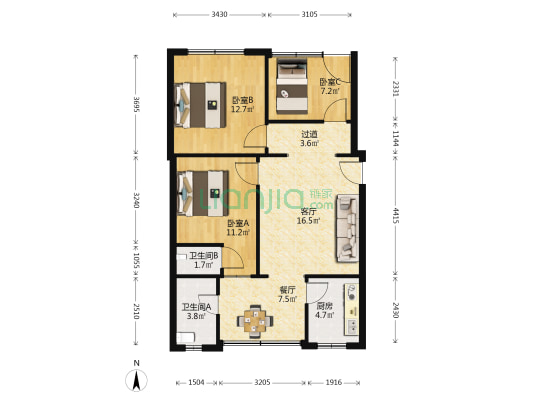 花语苑 3室2厅2卫 70平方