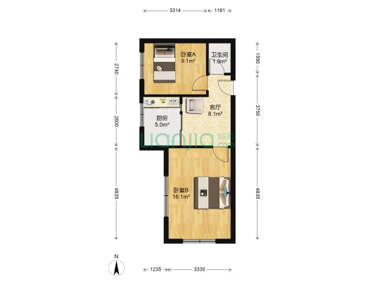 建设路 2室1厅1卫 53平方